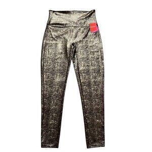 SPANX Velvet Shine Black Metallic Gold Leggings Shimmer High Rise Velour XL NWT